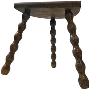 Vintage French Tripod Stool Chair Seat Varnished Wood Milking D Shaped Seat Bobbin Leg Rest Stand Plinth Tabouret Farmhouse c1960-70&#39;s / EVE