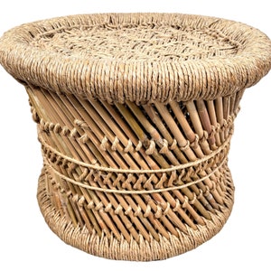 Vintage Indian Stool String Cane Canework Woven Bench Seat Chair Stand Display Shelf Tabouret circa 1990&#39;s / EVE