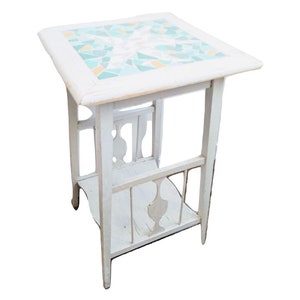 Vintage French White Painted Wooden Wood Shabby Chic Side Small Table Stand Display Green Tiled Top Home Made circa 1970&#39;s / EVE of Europe