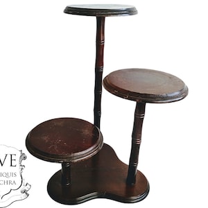 Vintage Pot Stand Taiwanese Wooden Wood Flower Triple Display Shelf Prop Scratched Scarred Bamboo Look Tabouret circa 1970-80&#39;s / EVE