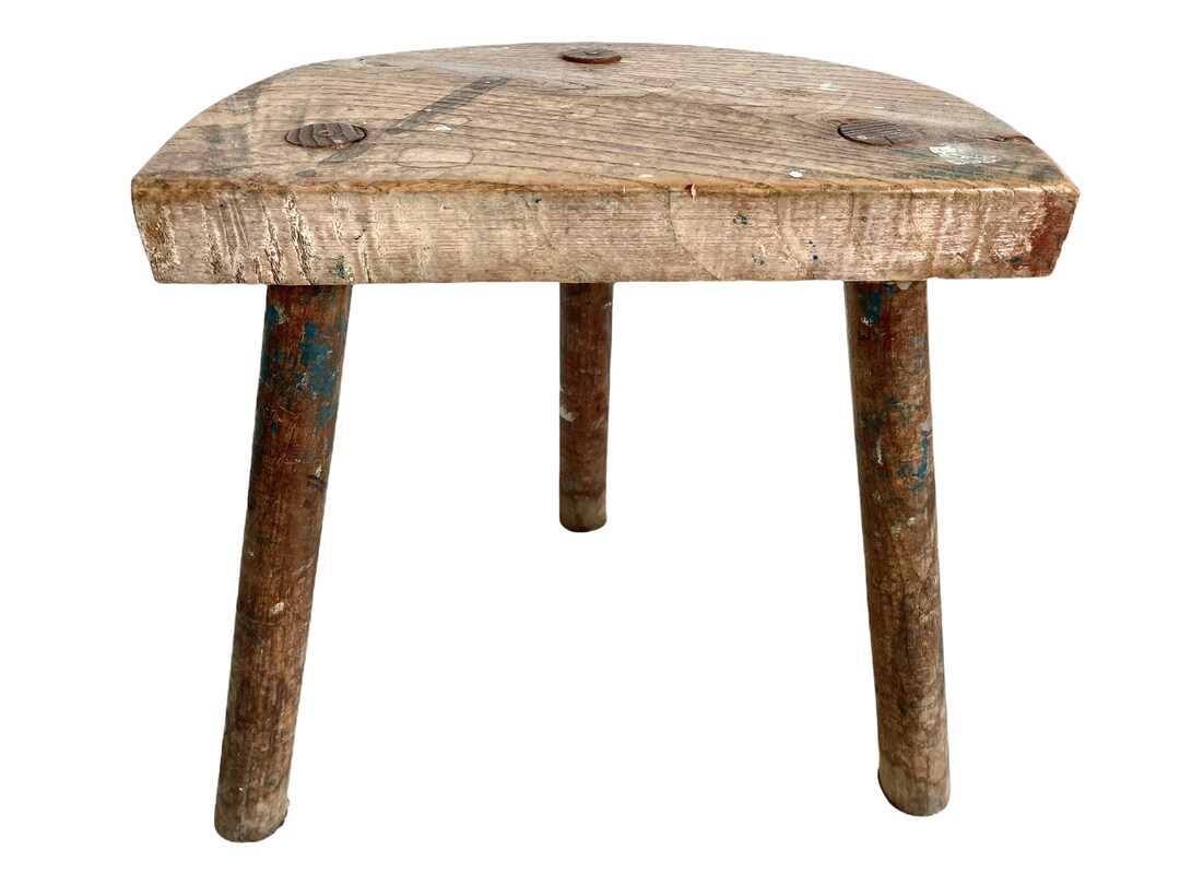 Vintage French Wooden Wood Small Milking Stool Chair Seat Kitchen Table ...