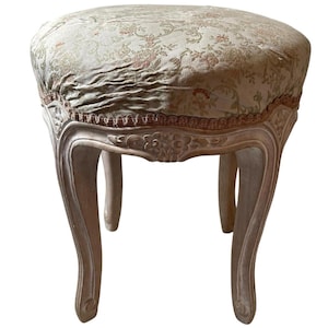 Vintage French Stool Wooden Wood Chair Cushioned Fabric Seat Worn Tired c1970-80&#39;s / EVE