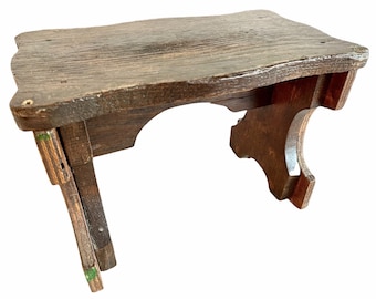 Vintage French Beaten Up Repaired Bench Stool Small Table Wooden Wood Chair Seat Side Stand Flower Pot Display c1920-80's / EVE of England