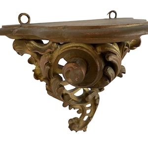 Vintage French Small Syroco Sconce Demi Semi Circle Gold Wooden Wood Ornate Side Table Shelf Ornate Wall Mounted circa 1940-50&#39;s / EVE