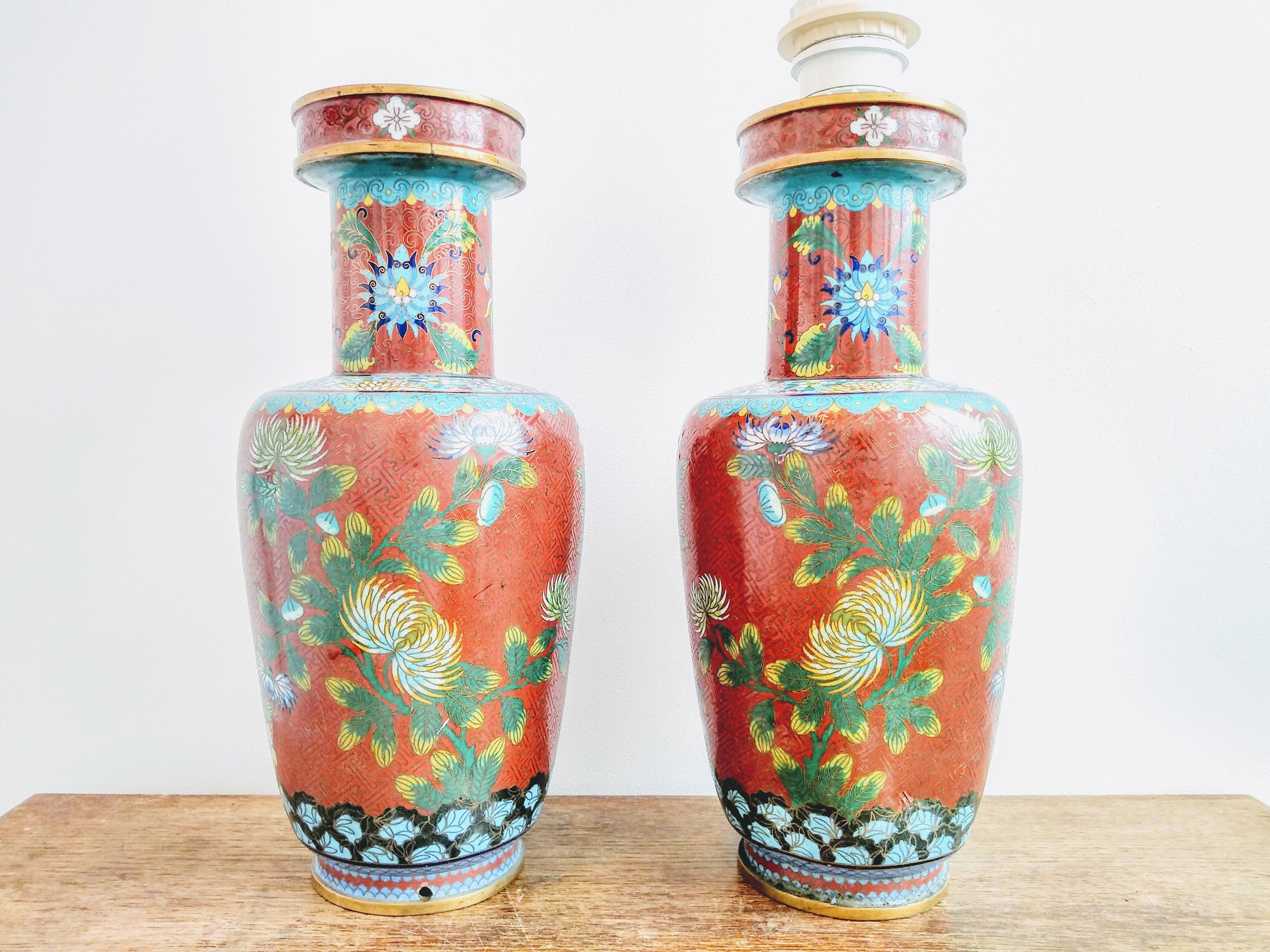 Vintage Chinese Cloisenee Cloisonné Adapted Lamp Pair Vase Brass Rimmed Enamelled Plant Pot Urn Display Decorative C1950-60's/Eve Europe
