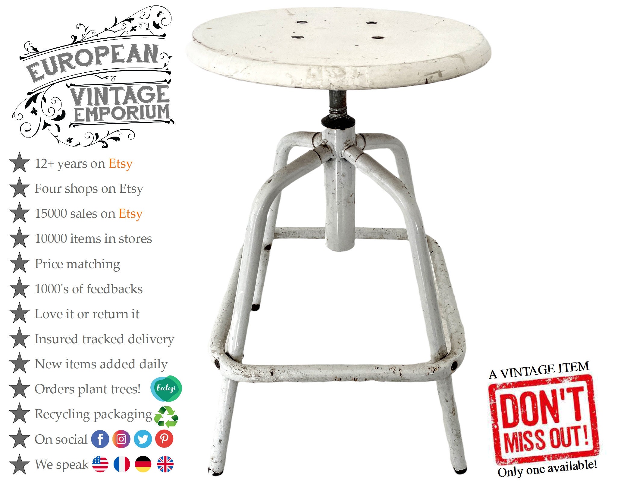 Vintage Stool French White Metal Wood Adjustable Work Chair