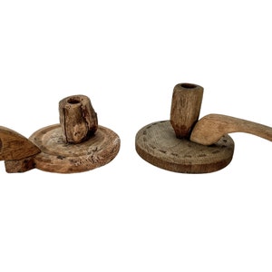 Vintage English Rustic Candle Holder Pair Hand Carved Chunky Wooden Pub Look Portable Bedside circa 1950&#39;s / EVE