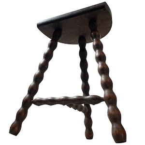 Vintage French Tripod Stool Chair Seat Wooden Milking Kitchen D Shaped Seat Braced Bobbin Leg Rest Stand Plinth Tabouret c1960-70&#39;s / EVE