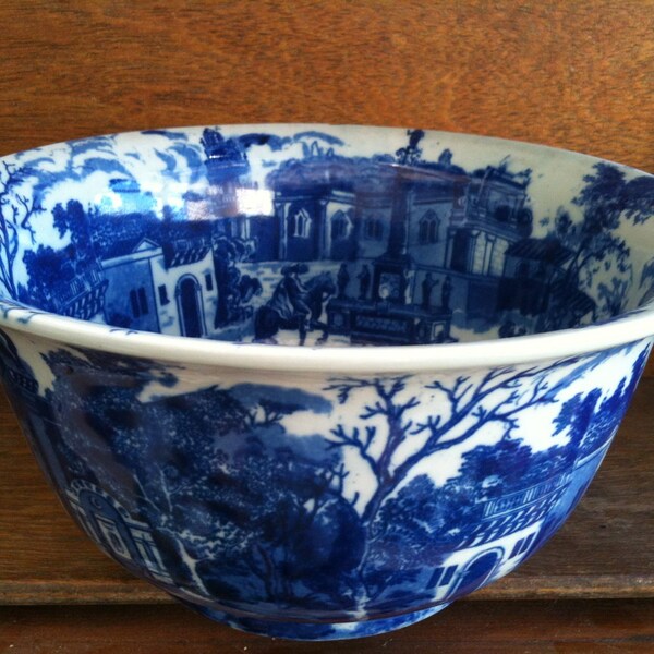 Antique English heavy substantial large blue and white bowl dish circa 1900's / English Shop