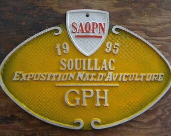 Vintage French agricultural Souillac GPH SAQPN farming livestock metal prize trophy plaque agriculture prize circa 1995 / EVE of Europe