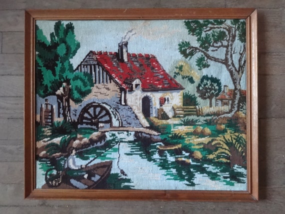 Vintage French Wooden Frame Large Cross Stitch Water Mill Fishing Tapestry  Wall Hanging Picture Circa 1960-70's / EVE of Europe 
