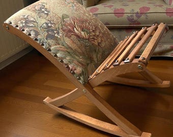 Vintage French Rocking Footstool Stool Wooden Wood Chair Cushioned Fabric Covered Gout Aid Worn c1970's / EVE