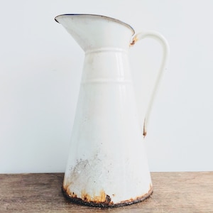 Vintage French enamel rusty dusty metal white metal watering water milk jug can carafe pitcher vase circa 1930-40&#39;s / EVE of Europe