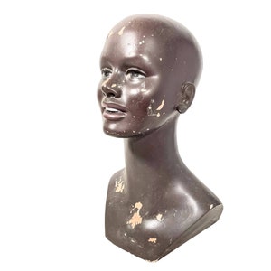 Vintage French Shop Lady Woman Mannequin Head Resin Wood Wig Earrings Hat Hair Make Up Eye Lashes circa 1960-70&#39;s / EVE