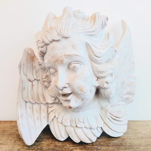 Vintage French Winged Angel Putti Bust Wall Hanging faux fake wood plastic decor shabby chic boy child memorial circa 1990's / EVE of Europe