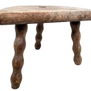 Stool Vintage French Wooden Bobbin Leg Milking Chair Seat Table Farm D Shaped Seat Plant Rest Stand Plinth Tabouret c1970&#39;s / EVE