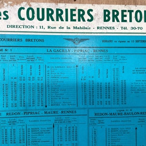 Vintage French Bus Stop Coach Timetable Courriers Bretons La Gacilly Rennes Ploermel circa 1957 / EVE image 4