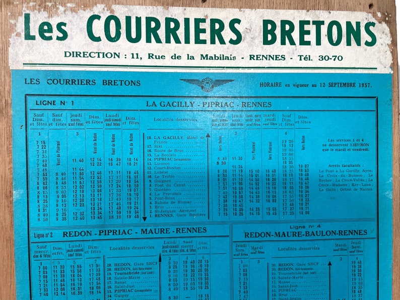 Vintage French Bus Stop Coach Timetable Courriers Bretons La Gacilly Rennes Ploermel circa 1957 / EVE image 4