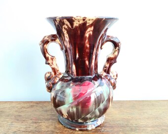 Vintage French Ceramic Brown Green Red Flower Display Vase Twin Handled Mid-Century Modern circa 1950-60's / EVE of Europe