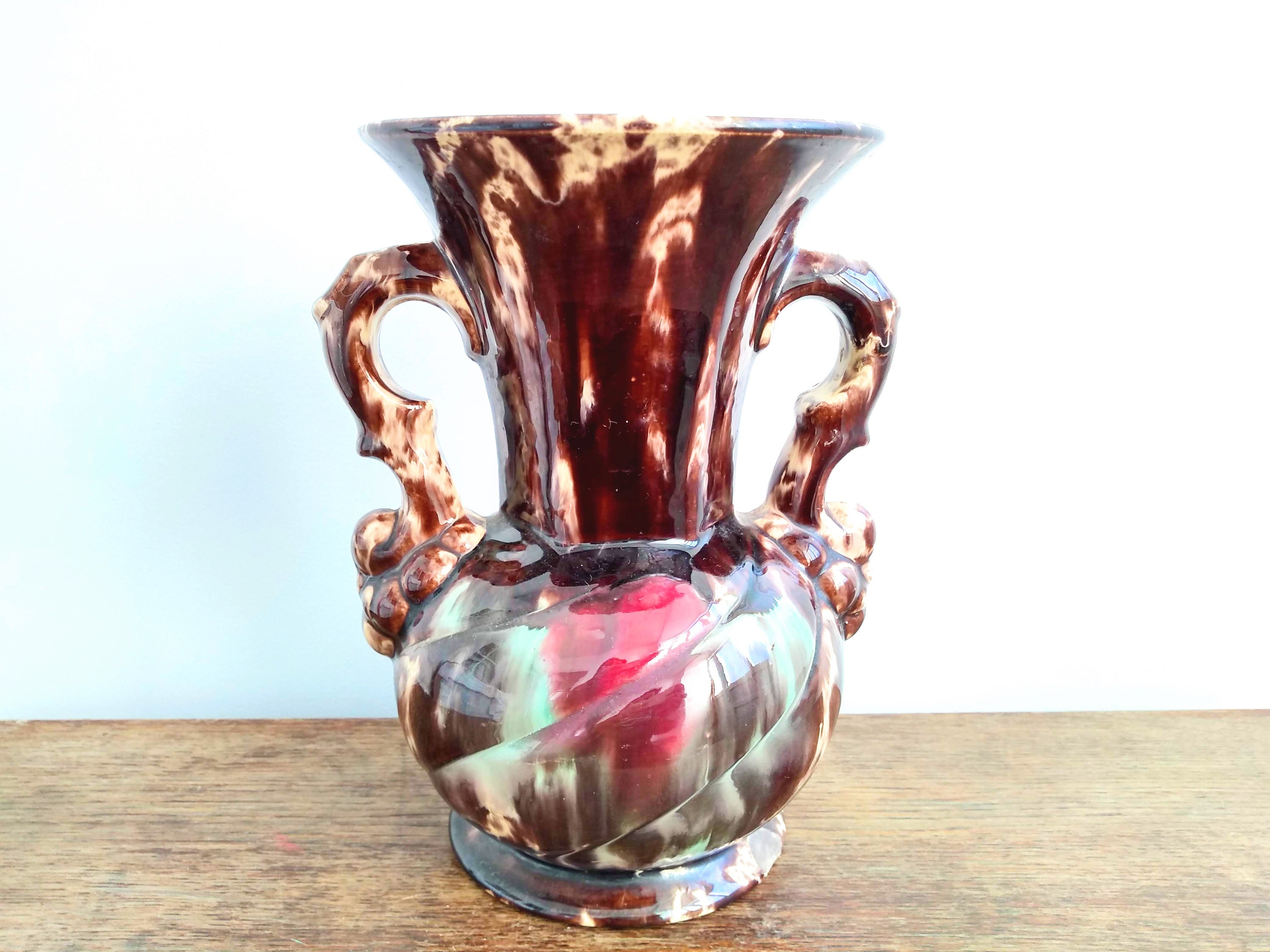 Vintage French Ceramic Brown Green Red Flower Display Vase Twin Handled Mid-Century Modern Circa 1950-60's/Eve Of Europe