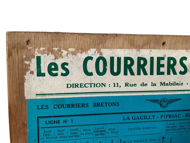 Vintage French Bus Stop Coach Timetable Courriers Bretons La Gacilly Rennes Ploermel circa 1957 / EVE image 3
