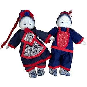 Vintage Chinese Ceramic Fabric Costumed Doll Boy Girl Ornament circa 1980-90&#39;s / EVE