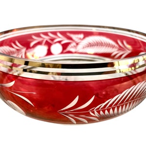 Vintage French Red Gold Glass Serving Bowl Dish Trifle Pudding Dessert Trinket Ornament Display Cherry Cherries circa 1970-80&#39;s / EVE