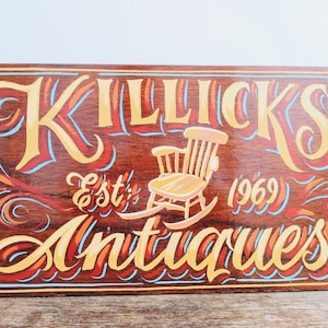 Vintage English Killicks Antiques Wooden Hand Painted Handpainted Shop Sign Display Advertising Man Cave Commercial c1990&#39;s / EVE