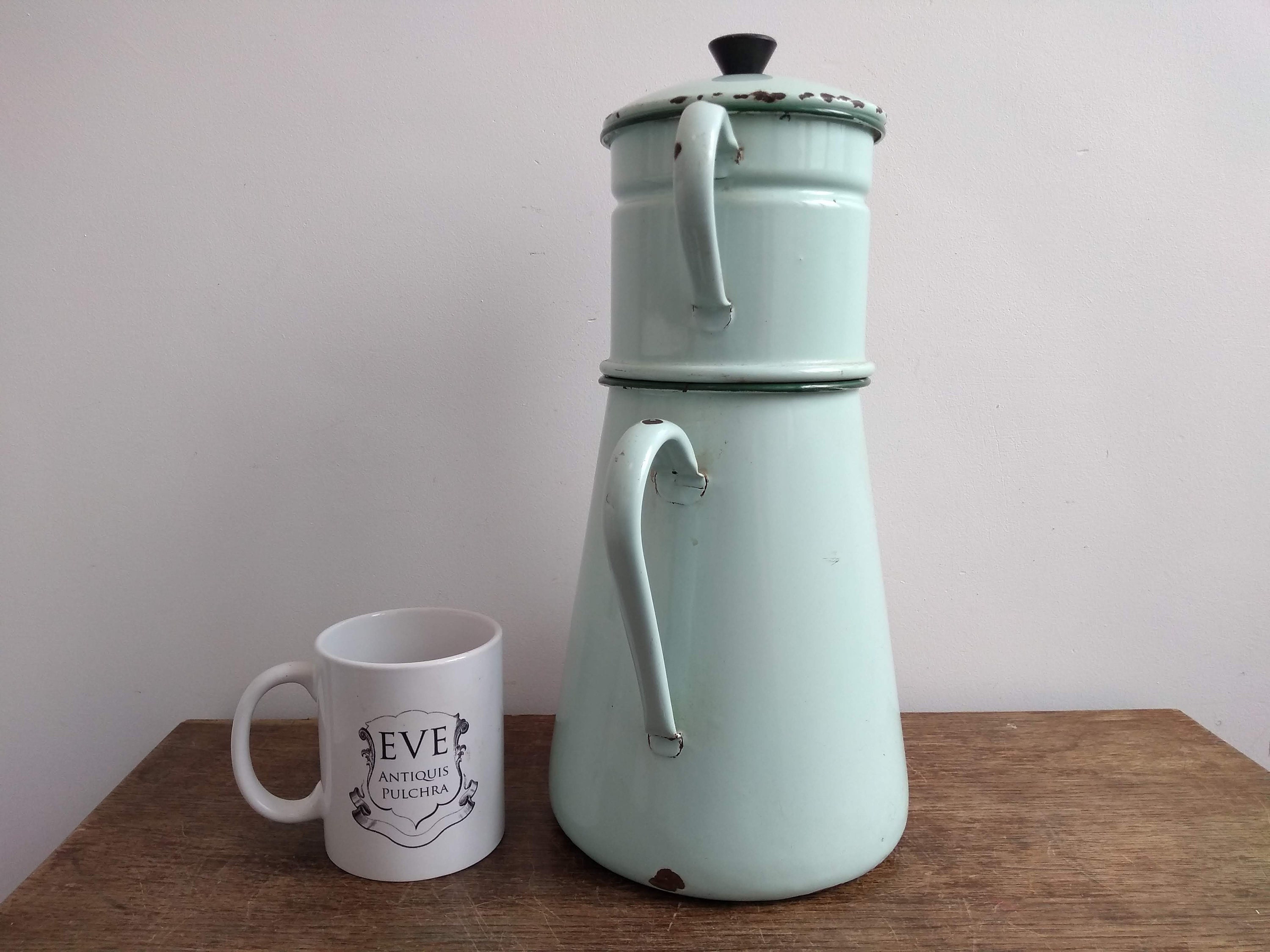 Vintage French Large Lime Pale Green Metal Enamel Handled