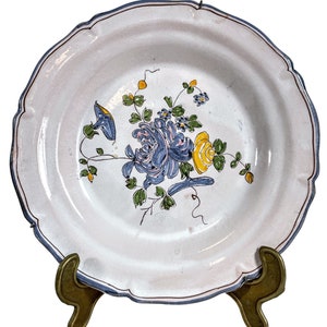 Vintage French Decorative Faience Plate Hand Made Painted Blue Yellow White Flowers Signed Ceramic Dish Display c1960-70&#39;s / EVE