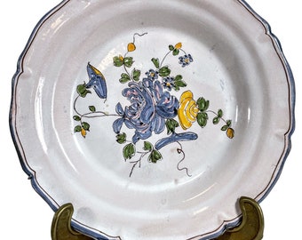 Vintage French Decorative Faience Plate Hand Made Painted Blue Yellow White Flowers Signed Ceramic Dish Display c1960-70's / EVE