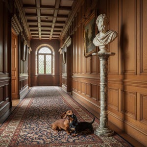 May include: A white marble bust of a bearded man resting on a tall, cylindrical, mottled grey marble pedestal. Two small dachshund dogs, one tan and one black, stand on a patterned rug in a wood-panelled hallway with a coffered ceiling.