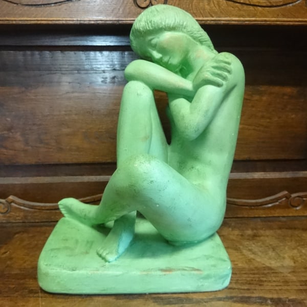 vintage, femme nue assise, femme, cheveux, tresse, vert, figurine plâtre, statue, paris, buste, circa, 1970-80, EVE of Europe