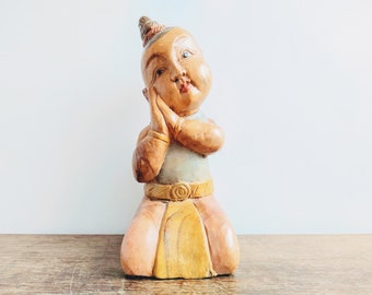 Vintage Chinese Wooden Kneeling Dancing Boy Girl Child Luck Lucky Statue Art Carving Sculpture Ornament circa 1980-1990's / EVE of Europe