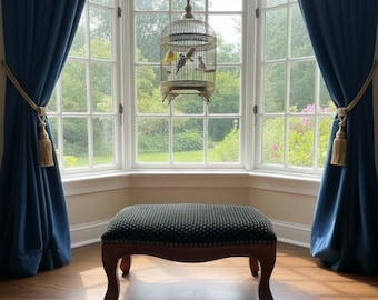 Vintage French Victorian Style Upholstered Black Footstool with Carved Wooden Legs and Nailhead Trim 1990-2000s / EVE