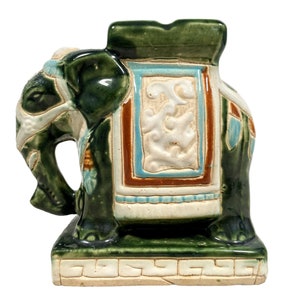 Vintage Chinese Small Elephant Green Blue Brown Ceramic Display c1970-80&#39;s / EVE