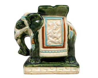 Vintage Chinese Small Elephant Green Blue Brown Ceramic Display c1970-80's / EVE