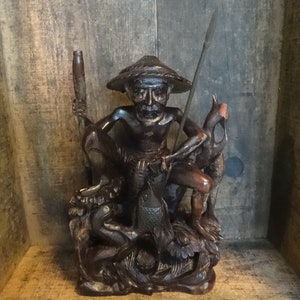 Vintage Chinese Fisherman Statue Carved Wood Carving Man Damaged circa 1950-60&#39;s / EVE of Europe