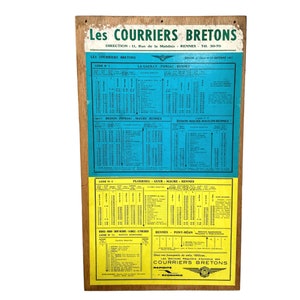 Vintage French Bus Stop Coach Timetable Courriers Bretons La Gacilly Rennes Ploermel circa 1957 / EVE image 1