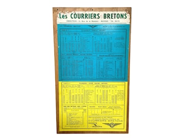 Vintage French Bus Stop Coach Timetable Courriers Bretons La Gacilly Rennes Ploermel circa 1957 / EVE