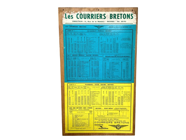 Vintage French Bus Stop Coach Timetable Courriers Bretons La Gacilly Rennes Ploermel circa 1957 / EVE image 1