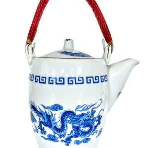 Vintage Chinese Tea Pot Teapot White Red Dragon Pattern Asian Ceramic Ornament Serving Time Display circa 1970-80&#39;s / EVE