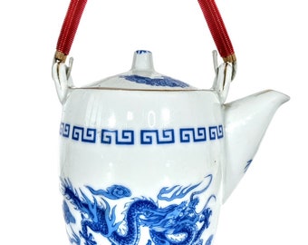 Vintage Chinese Tea Pot Teapot White Red Dragon Pattern Asian Ceramic Ornament Serving Time Display circa 1970-80's / EVE
