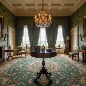 May include: A formal room featuring a central wooden pedestal table with an octagonal top, holding books and a clock. The space includes green patterned wallpaper, a large crystal chandelier, two green upholstered chairs, and a tall grandfather clock.