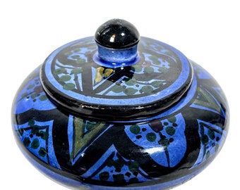 Vintage Moroccan Small Blue Black Painted Pottery Lidded Pot Container Salter Storage Arabian Display Scene Prop c1980-90's / EVE