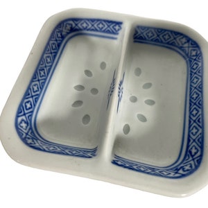 Vintage Chinese Dipping Dish Saucer White Blue Rice Grain Pattern Asian Ceramic Ornament Serving Time Display circa 1970-80&#39;s / EVE