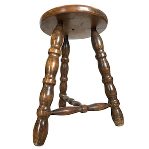 Vintage French Chunky Strong Farmhouse Style Stool Table Wooden Wood Chair Seat Side Stand Flower Pot Display Shelf Tabouret c1970&#39;s / EVE