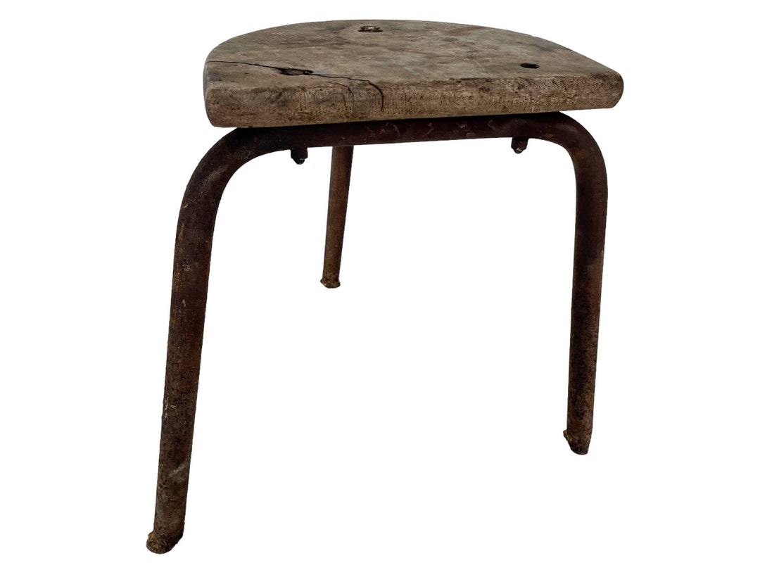 Vintage French Small Milking Stool Wooden Rusty Metal Step Chair Seat ...