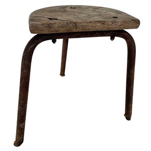 Vintage French Small Milking Stool Wooden Rusty Metal Step Chair Seat Kitchen Industrial Commercial Genuine circa 1960's / English Shop