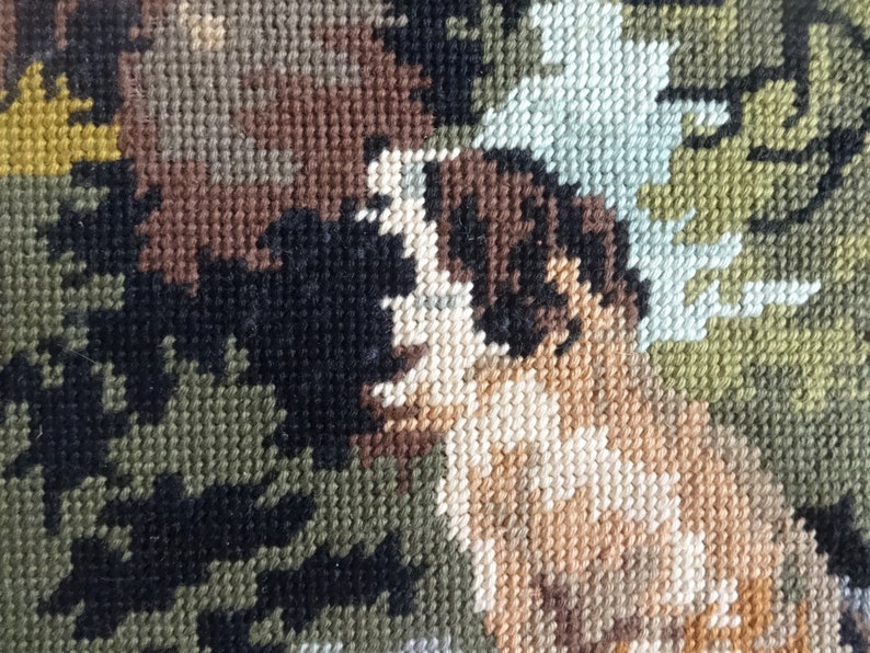Vintage French Tapestry Cross Stitch Girl Lady Dog Tree Reproduction Portrait Wall Hanging circa 1950-60/'s EVE of Europe